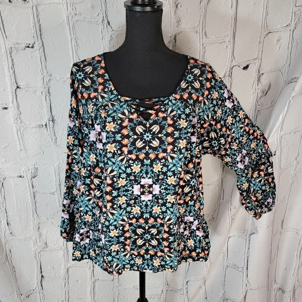 A.n.a Flowy Black Blue Floral Boho‎ Peasant Long Sleeve Blouse Top Shirt Sz L